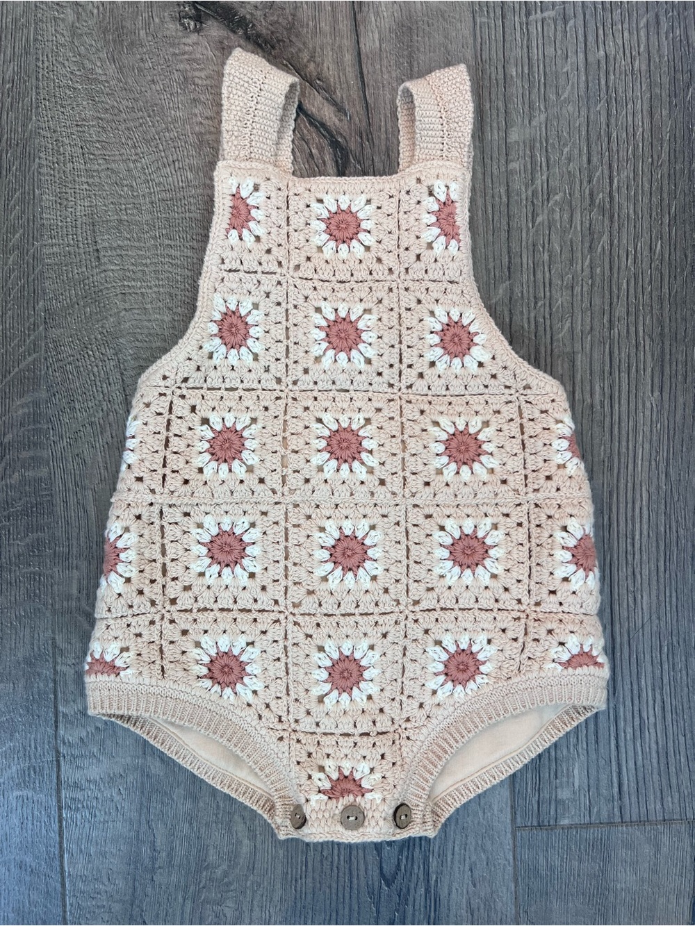 Crochet Baby One-Piece Romper in Beige and Dusty Rose
